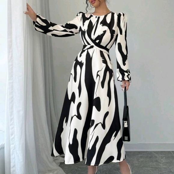 Asymmetrical Print, Bow Tie, Elastic Sleeve Elegant Vacation Casual Dress For Wo - Picture 3 of 3